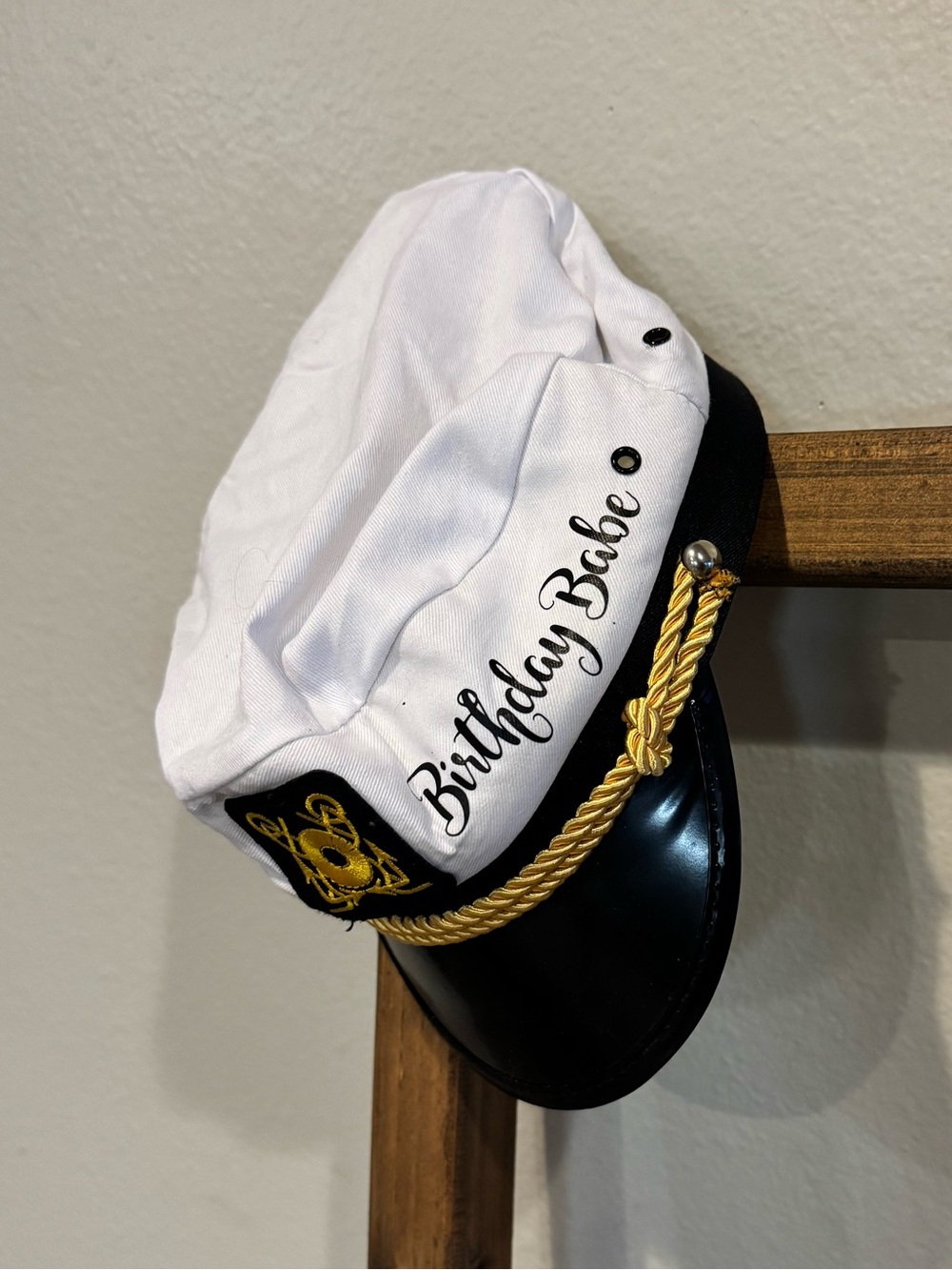 Birthday Babe White and Black Nautical Hat with Gold Accents